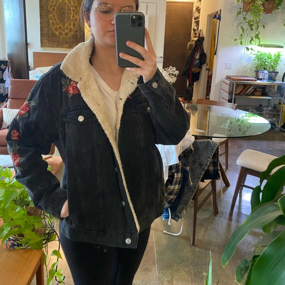 Topshop Black Denim Jacket w/ Embroidered Flowers